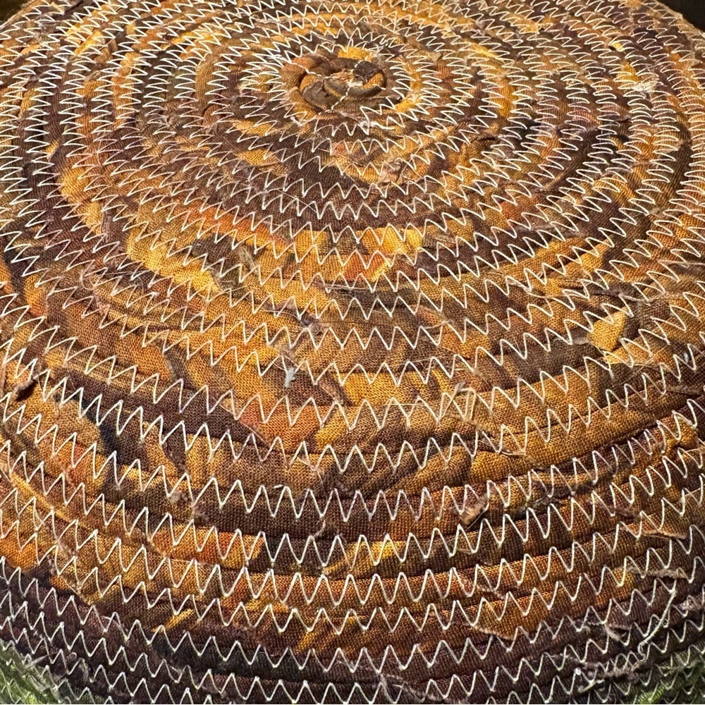 Fabric Wrapped Rope Basket Green And Brown 10” Handmade Earthy Boho Storage Tray - Picture 9 of 9